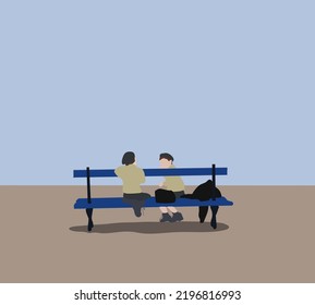 Kids sitting on bench and talking in the schoolyard at the day time. Primary education, friendship, childhood concept.