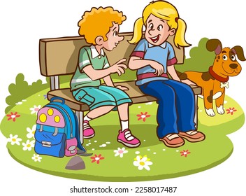 kids sitting on bench and talking cartoon vector