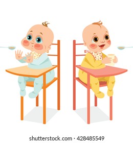Kids are sitting on chairs and eating porridge. 
Vector illustration in cartoon style.
