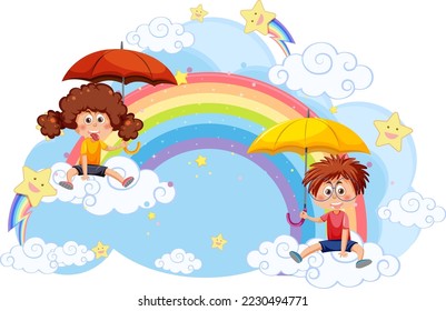 Niños sentados en la nube con ilustración de arco iris