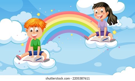 Niños sentados en las nubes en la ilustración del cielo