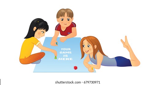 Kids sitting on the floor and playing board game, vector illustration