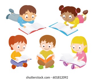 Kids sitting on the floor and reading books. Collection of cartoon characters design isolated on white background. Vector illustration.