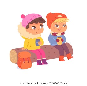 Kids Sitting On Log In Winter Forest Together Vector Illustration. Cartoon School Children Camping In Woods, Couple Of Friends Drinking Hot Drink, Scouts Enjoy Fun Camp Picnic Isolated On White