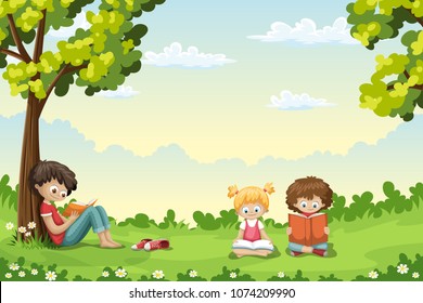 Kids Sitting On Meadow Reading Books Stock Vector (royalty Free 