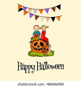Kids sitting on a pumpkin, with flags above, Halloween greeting, invitation card, hand drawn vector illustration