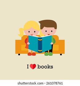 Kids sitting on sofa and  reading a book . I love books concept vector illustration