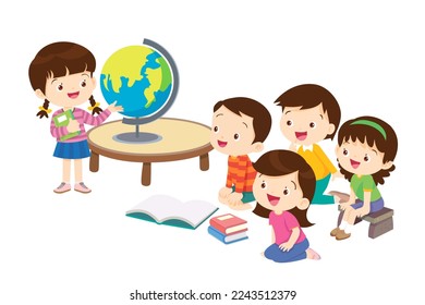Kids sitting on stacks of books and reading.Boy and girls learning or studying.children with Back to School Concept education.Pupils holding textbooks and school Earth Globe icon model 