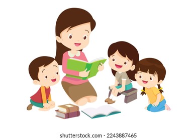 Kids sitting on stacks of books and reading.Boy and girls learning or studying.children with Back to School Concept education.Pupils holding textbooks and school Earth Globe icon model 