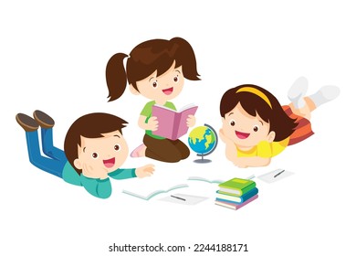 Kids sitting on stacks of books and reading.Boy and girls learning or studying.children with Back to School Concept education.Pupils holding textbooks and school Earth Globe icon model 