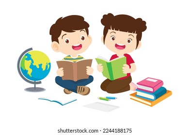 Kids sitting on stacks of books and reading.Boy and girls learning or studying.children with Back to School Concept education.Pupils holding textbooks and school Earth Globe icon model 