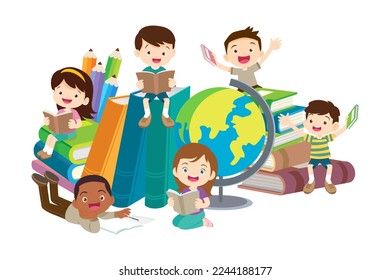 Kids sitting on stacks of books and reading.Boy and girls learning or studying.children with Back to School Concept education.Pupils holding textbooks and school Earth Globe icon model 