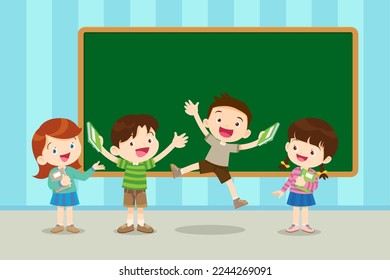 Kids sitting on stacks of books and reading.Boy and girls learning or studying.children with Back to School Concept education.Pupils with chalkboard and school Earth Globe icon model