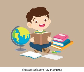 Kids sitting on stacks of books and reading.Boy and girls learning or studying.children with Back to School Concept education.Pupils holding textbooks and school Earth Globe icon model 