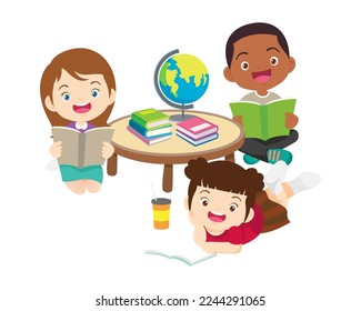 Kids sitting on stacks of books and reading.Boy and girls learning or studying.children with Back to School Concept education.Pupils holding textbooks and school Earth Globe icon model 