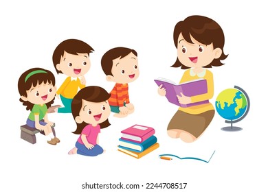 Kids sitting on stacks of books and reading.Boy and girls learning or studying.children with Back to School Concept education.Pupils holding textbooks and school Earth Globe icon model 