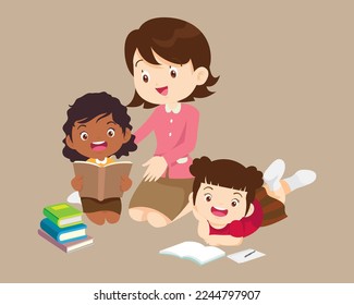 Kids sitting on stacks of books and reading.Boy and girls learning or studying.children with Back to School Concept education.Pupils holding textbooks and school Earth Globe icon model 
