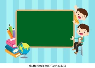 Kids sitting on stacks of books and reading.Boy and girls learning or studying.children with Back to School Concept education.Pupils with chalkboard and school Earth Globe icon model