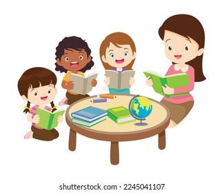 Kids sitting on stacks of books and reading.Boy and girls learning or studying.children with Back to School Concept education.Pupils holding textbooks and school Earth Globe icon model 