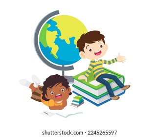 Kids sitting on stacks of books and reading.Boy and girls learning or studying.children with Back to School Concept education.Pupils holding textbooks and school Earth Globe icon model 