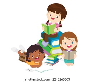 Niños sentados sobre pilas de libros y lectura. Niños y niñas aprendiendo o estudiando. Niños con educación de Concepto de Volver a la Escuela. Alumnos sosteniendo libros de texto y escuela Modelo de ícono del Globo de la Tierra 