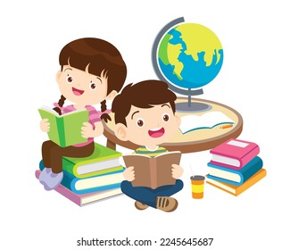 Kids sitting on stacks of books and reading.Boy and girls learning or studying.children with Back to School Concept education.Pupils holding textbooks and school Earth Globe icon model 