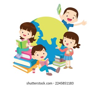 Kids sitting on stacks of books and reading.Boy and girls learning or studying.children with Back to School Concept education.Pupils holding textbooks and school Earth Globe icon model 