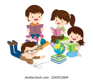 Niños sentados sobre pilas de libros y lectura. Niños y niñas aprendiendo o estudiando. Niños con educación de Concepto de Volver a la Escuela. Alumnos sosteniendo libros de texto y escuela Modelo de ícono del Globo de la Tierra 