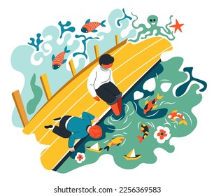 Kids sitting on wooden bridge in garden playing by koi fish in pond. Children on vacations or weekends, outdoors leisure and fun of boys. Flora and fauna, unity with nature. Vector in flat style