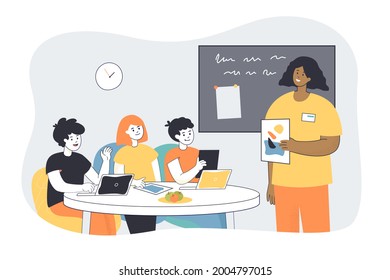 Kids sitting in psychologist office. Adult helping children through therapy, showing pictures flat vector illustration. Psychology, psychotherapy concept for banner, website design or landing web page