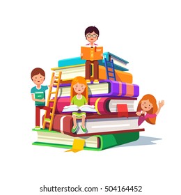 Kids sitting and reading on a huge pile of books with ladders. School education and knowledge concept. Colorful flat style cartoon vector illustration isolated on white background.