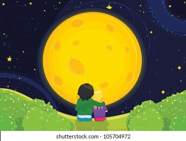 Kids sitting under moonlight vector illustration