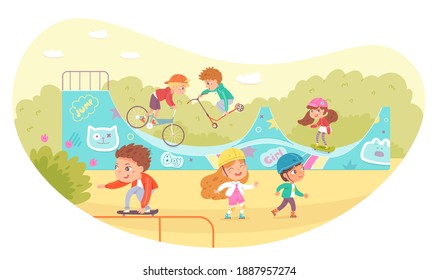 Kids at skateboarding park outdoor. Boys and girls in helmets skating on skateboards, roller skates, bike and scooter on ramp. Recreation at skatepark playground vector illustration.