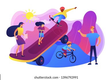 Kids Skateboarding And Riding A Bike In Skate Park And Trainers, Tiny People. Extreme Camp, Summer Extreme Sports, Kids Extreme Program Concept. Bright Vibrant Violet Vector Isolated Illustration