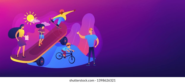 Kids skateboarding and riding a bike in skate park and trainers, tiny people. Extreme camp, summer extreme sports, kids extreme program concept. Header or footer banner template with copy space.