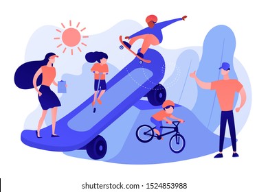 Kids skateboarding and riding a bike in skate park and trainers, tiny people. Extreme camp, summer extreme sports, kids extreme program concept. Pinkish coral bluevector isolated illustration