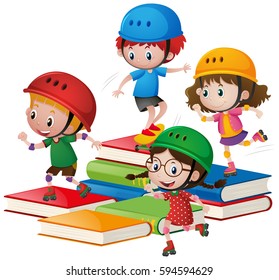 Kids skating over books