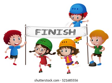 Kids skating through the finish line illustration