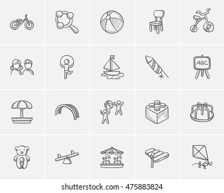 Kids sketch icon set for web, mobile and infographics. Hand drawn kids icon set. Kids vector icon set. Kids icon set isolated on white background.