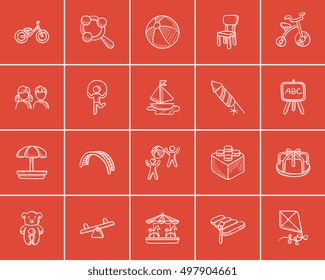 Kids sketch icon set for web, mobile and infographics. Hand drawn kids icon set. Kids vector icon set. Kids icon set isolated on red background.