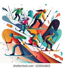 Kids skiing, children having fun skiing, Skis in snow ski people. Winter sports at kids holiday. Children skiers enjoying snow landscape, collage illustration