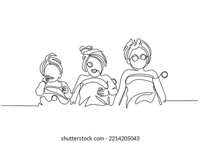 Kids Skin Care Fun Time Line Art. Happy Family Having Spa Day. Funny Kids And Their Laughter. Cucumber And Bathrobes. Siblings Love. Loving Mother And Adorable Child. Continuous Line Art Illustration