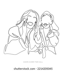 Kids skin care fun time line art. Happy family having spa day. Funny kids and their laughter. Cucumber and bathrobes. Siblings love. Loving mother and adorable child. Continuous line art illustration