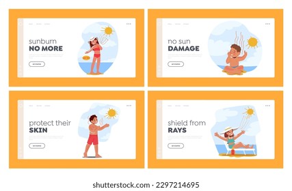 Kids Skin Protection Landing Page Template Set. Children's Sunburn Cause Redness, Pain, And Blisters due to Overexposure To The Sun's Harmful Uv Rays. Cartoon People Vector Illustration