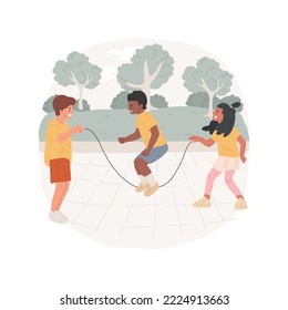 Kids skipping together isolated cartoon vector illustration. Practicing skipping skills, recess activity, free time, school fitness, two kids spin rope together, child jumping vector cartoon.