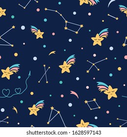 Kids sky seamless pattern in dark night colors Rainbow star shooting background vector baby design
