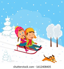 Kids sledding on the winter background, illustration,vector