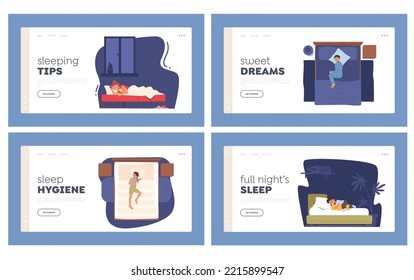 Kids Sleep on Bed Landing Page Template Set. Relaxed Little Children Characters Lying on Comfortable Sleeping Place at Home. Night Relaxation, Infant Nap in Bedroom. Cartoon People Vector Illustration