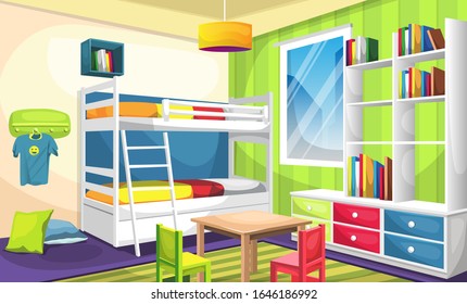 Kids Sleep Room With Bunk Bed, Desk With Full Of Books And Trophy, Ceiling Lamps, Wall Picture, Hangers, Bed, Pillow For Vector Illustration Interior Design Ideas