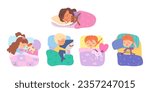 Kids sleep set vector illustration. Cartoon isolated home beds with baby boys and girls sleeping in bedtime on pillow under comfortable blanket, asleep little children lying with toys in bedroom
